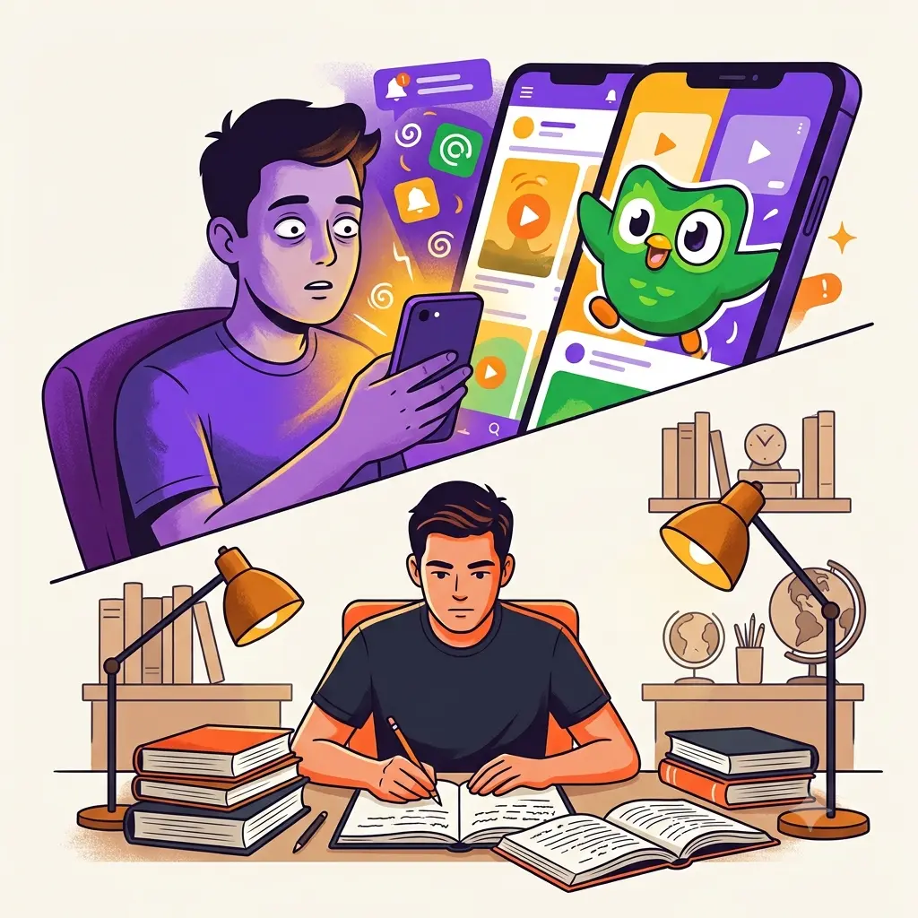 Aplikacja Duolingo z zieloną sowę kontra Tik Tok